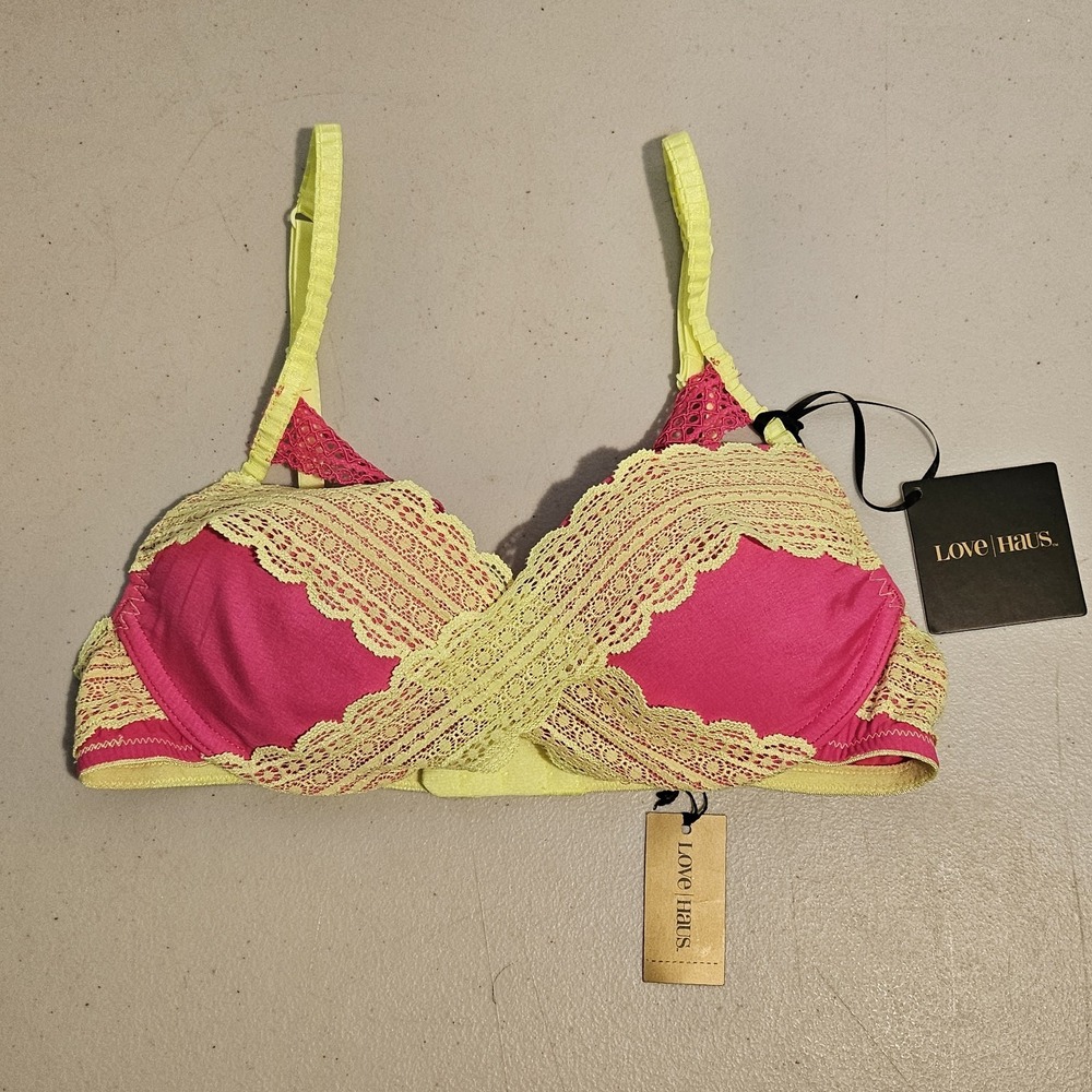 Love Haus By Beach Bunny Pink Yellow Lace Bra 32A Neon Colorblock NWT